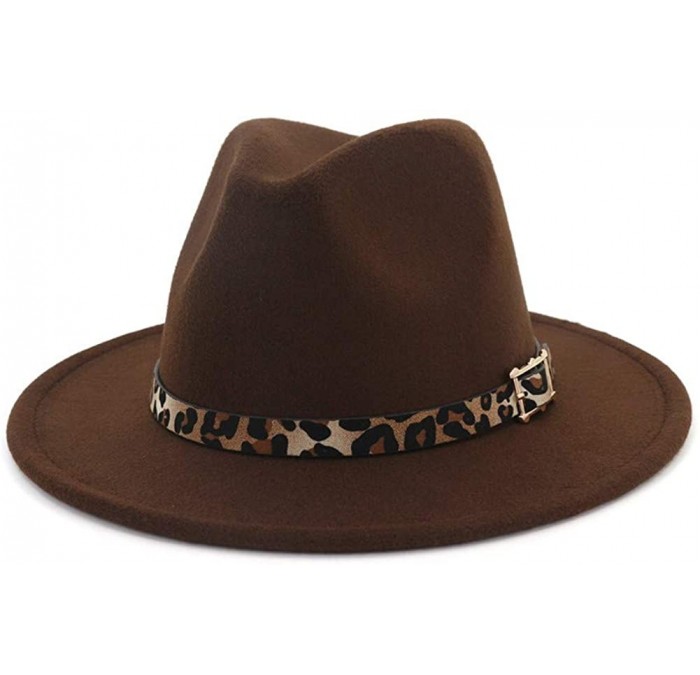 Fedoras Women's Wide Brim Felt Fedora Panama Hat with Leopard Belt Buckle - Coffee - CQ18IZUS0OL $11.97