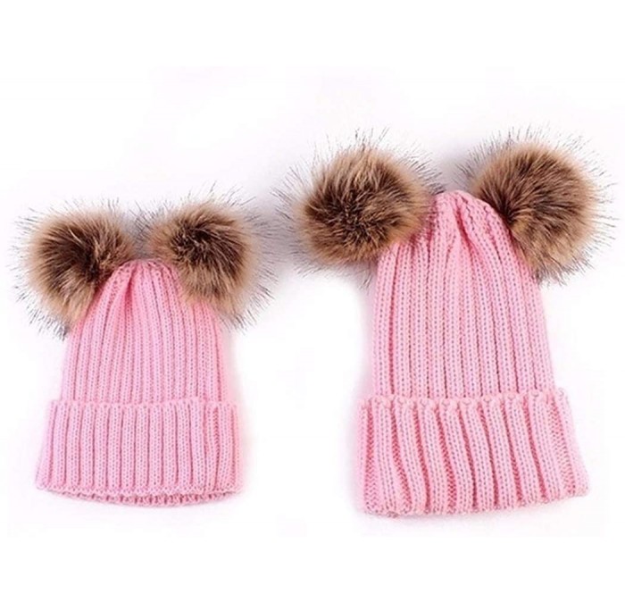 Skullies & Beanies Adults Children Double Fur Winter Casual Warm Cute Knitted Beanie Hats Hats & Caps - Pink - C518AHKQ26M $2...