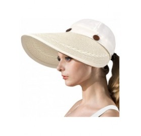 Sun Hats Womens UV Protection Hats Sun Visor for Girls Foldable Large Brim UPF Beach Ponytail Fishing Cap - Beige White - CV1...