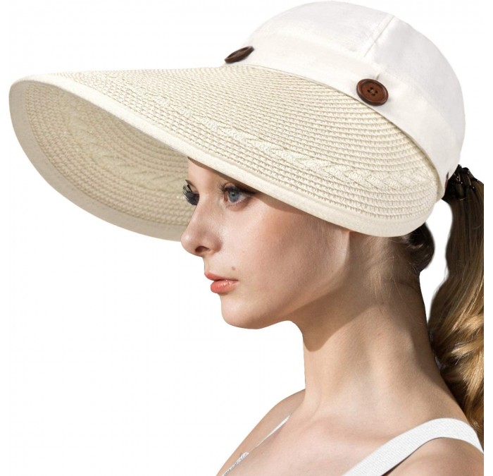 Sun Hats Womens UV Protection Hats Sun Visor for Girls Foldable Large Brim UPF Beach Ponytail Fishing Cap - Beige White - CV1...