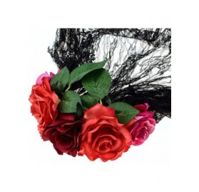Headbands Day of The Dead Headband Costume Rose Flower Crown Mexican Headpiece BC40 - Burgundy With Veil - CV183OHS9QK $13.71