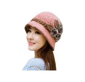 Skullies & Beanies Women Color Winter Hat Crochet Knitted Flowers Decorated Ears Cap with Visor - Pink - CH18LH4RLXA $7.54