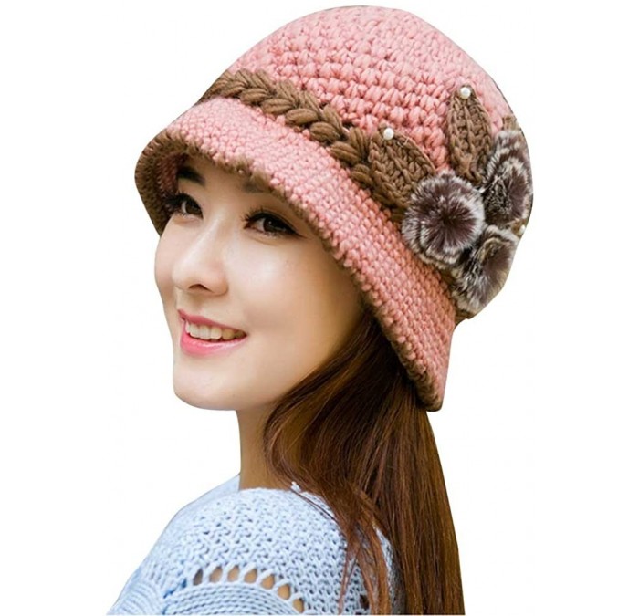 Skullies & Beanies Women Color Winter Hat Crochet Knitted Flowers Decorated Ears Cap with Visor - Pink - CH18LH4RLXA $7.54