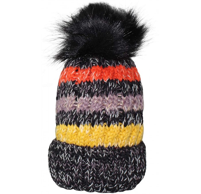Skullies & Beanies Women Winter Knit Beanie Hat- PH Winter Soft Hat Thickened Windproof Cap- with Faux Fur Pompom - Black - C...