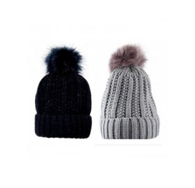 Skullies & Beanies Winter Faux Fur Pom Acrylic Knitted Hats for Extra Warmth and Comfort - Gray/ Blue - C718KGOG7QE $10.95
