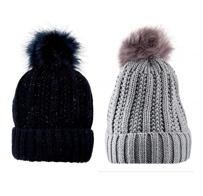 Skullies & Beanies Winter Faux Fur Pom Acrylic Knitted Hats for Extra Warmth and Comfort - Gray/ Blue - C718KGOG7QE $19.81