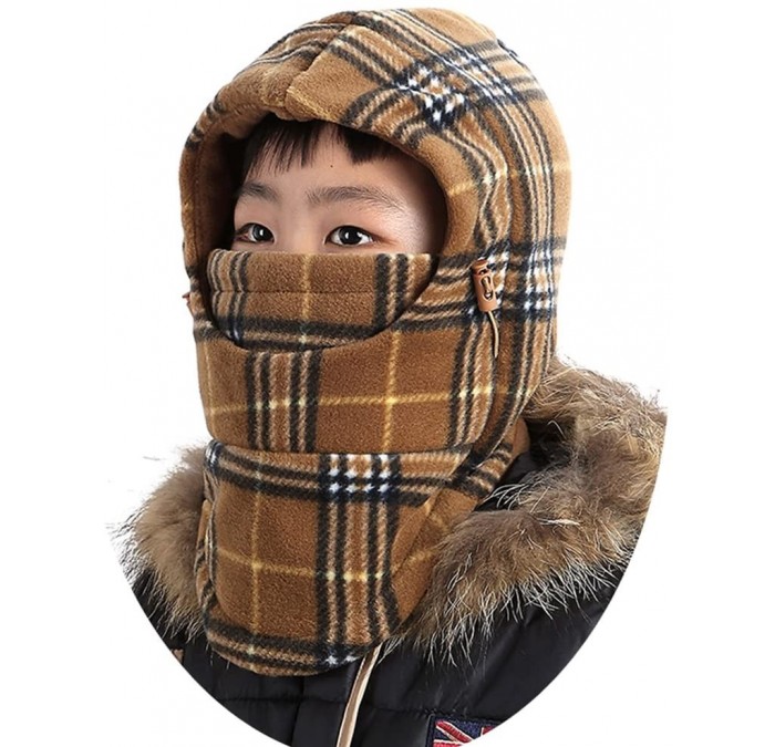 Skullies & Beanies Children's Winter Windproof Cap Thick Warm Face Cover Adjustable Ski Hat - Grid Khaki - CV186Q85D7X $20.28