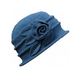 Berets Women 100% Wool Solid Color Round Top Cloche Beret Cap Flower Fedora Hat - 1 Blue - C7186WYT2TT $36.45