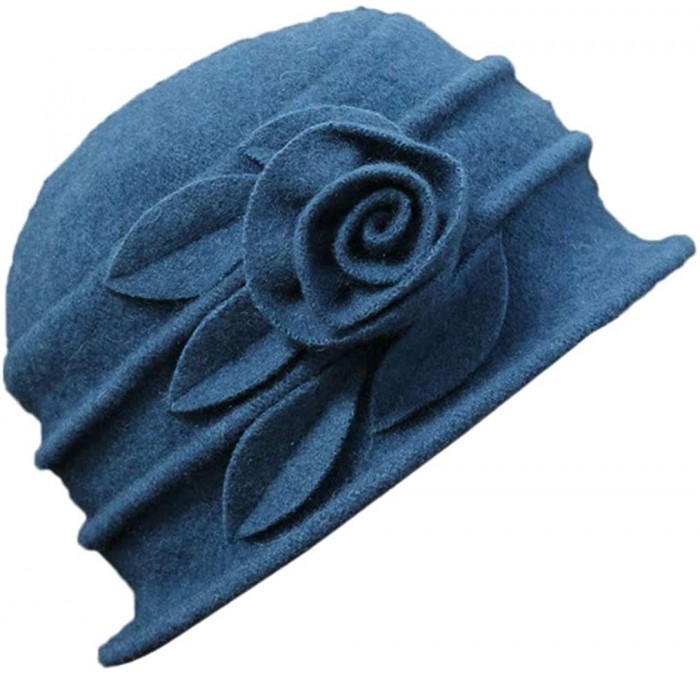 Berets Women 100% Wool Solid Color Round Top Cloche Beret Cap Flower Fedora Hat - 1 Blue - C7186WYT2TT $30.71