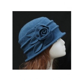 Berets Women 100% Wool Solid Color Round Top Cloche Beret Cap Flower Fedora Hat - 1 Blue - C7186WYT2TT $19.25