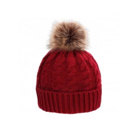 Skullies & Beanies Womens Winter Hand Knit Faux Fur Pompoms Beanie Hat - Burgundy - C112BYRSG0P $14.92