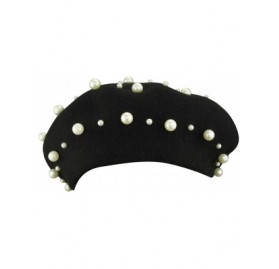 Berets Womens French Artist Solid 100% Wool Beret Hats with Full Pearl - Black - CZ186KCD6YT $16.28