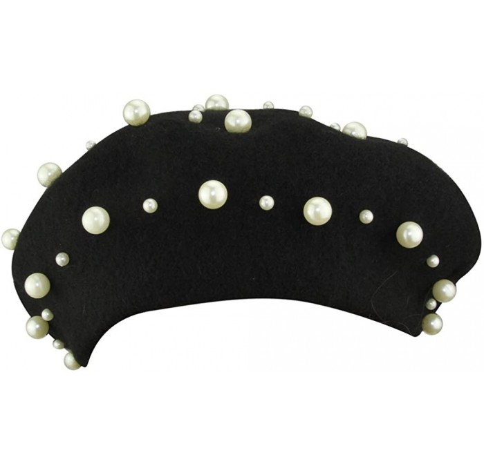 Berets Womens French Artist Solid 100% Wool Beret Hats with Full Pearl - Black - CZ186KCD6YT $27.61