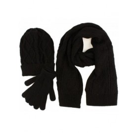 Skullies & Beanies Ladies 3pc Winter Soft Cable Knit Beanie Skull Hat Long Scarf Gloves Set - Black - C311PCWL2W3 $9.00