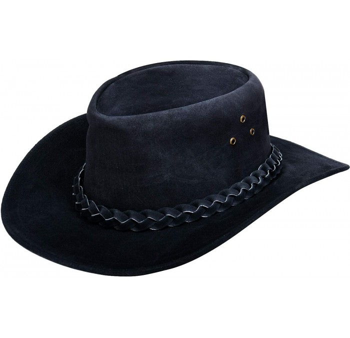 Cowboy Hats Australian Unisex Western Style Cowboy Outback Real Suede Leather Aussie Bush Hat - Black - CZ18QQZAGGR $31.11