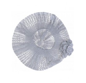 Berets Womens Fashion Lightweight Cutout Crochet Knit Beret Beanie Hat w/Flower- Various Patterns (Light Gray Cable) - CJ182W...