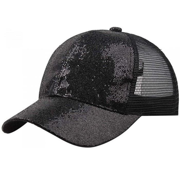 Baseball Caps Baseball Cap-SFE Women Girl Ponytail Sequins Shiny Messy Bun Snapback Hat Sun Caps - Black - C218QGEX4EN $15.52