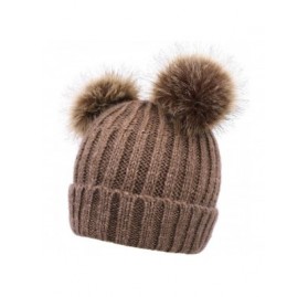 Skullies & Beanies Women's Faux Fur Pompom Mickey Ears Cable Knit Winter Beanie Hat - Khaki Hat Coffee Ball Beige Lining - CN...