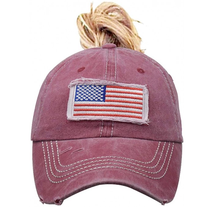 Baseball Caps Baseball Hat Ponytail Cap Vintage Distressed American-Flag Hats - Red Wine - CY18XXIHC0M $24.76