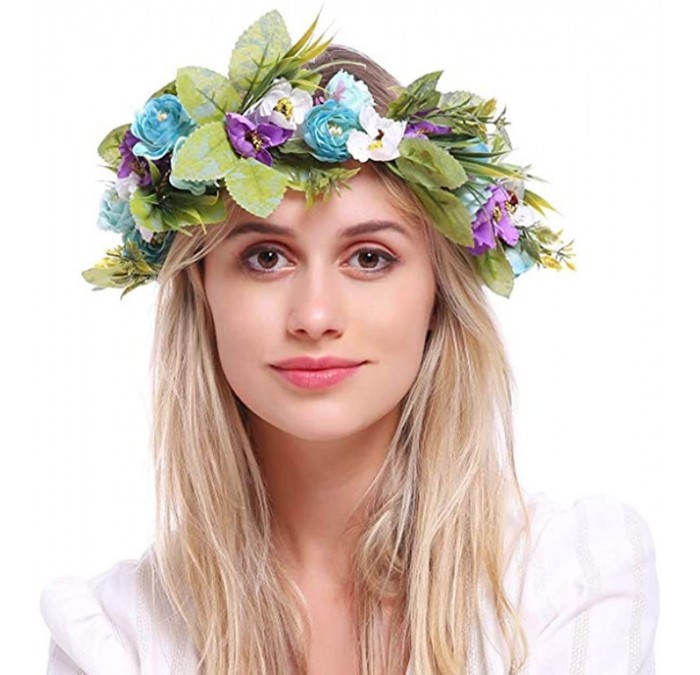 Headbands Flower Headband Halo Floral Crown Wreath Garland Headpiece Wedding Festival Party - Blue - CR18I78WA4A $18.38