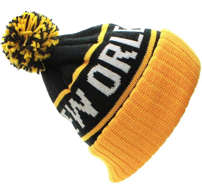 Skullies & Beanies USA Favorite City Cuff Cable Knit Winter Pom Pom Beanie Hat Cap - New Orleans - Black Yellow - CS11Q2V60ED...
