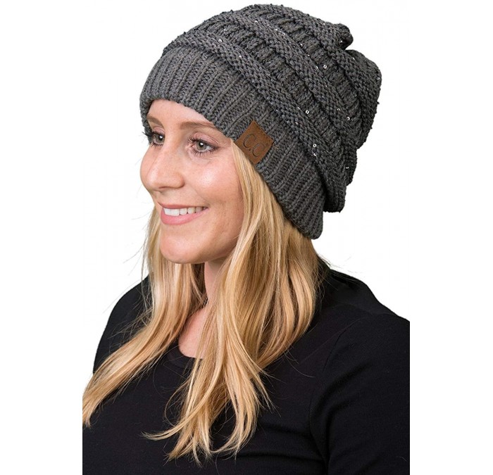 Skullies & Beanies Solid Ribbed Beanie Slouchy Soft Stretch Cable Knit Warm Skull Cap - A Sequin Charcoal - CZ18G2ZN2NX $30.25