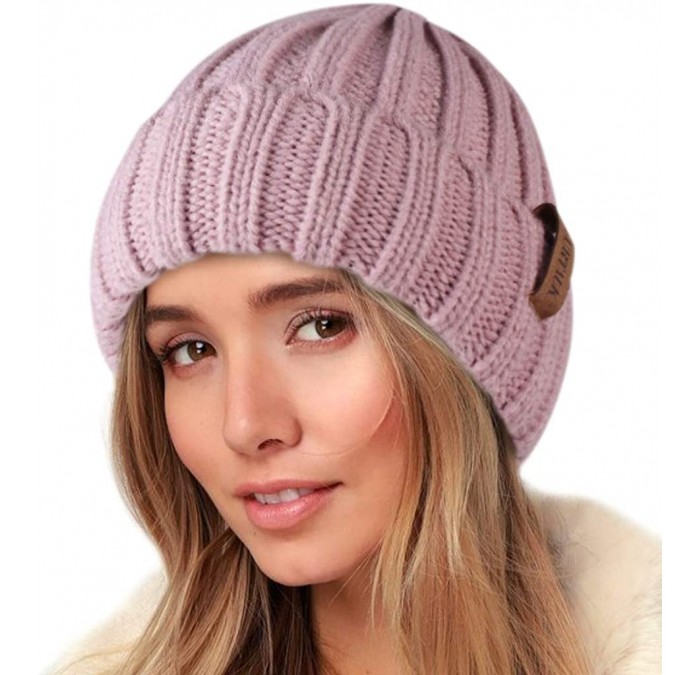 Skullies & Beanies Knit Beanie Hats for Women Men Double Layer Fleece Lined Chunky Winter Hat - Lotus Pink - CE18UYH9CMZ $13.54