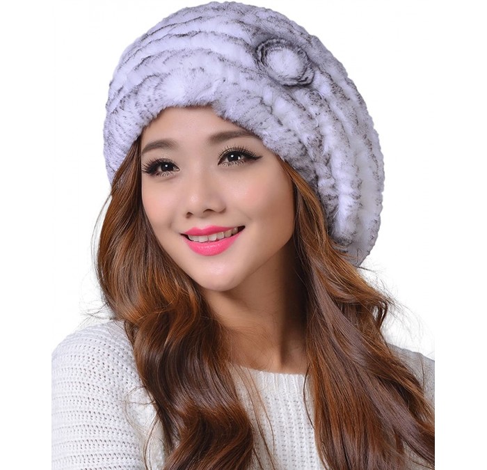Berets Women's Winter Rex Rabbit Fur Beret Hat with Fur Flower - White Grey - CU12NV1WQJE $43.39