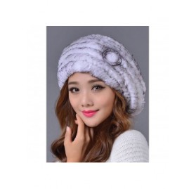 Berets Women's Winter Rex Rabbit Fur Beret Hat with Fur Flower - White Grey - CU12NV1WQJE $17.05