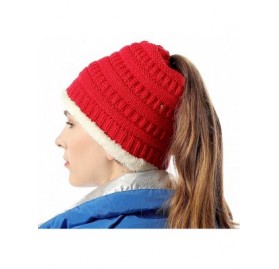 Skullies & Beanies Womens Ponytail Beanie Hats Warm Fuzzy Lined Soft Stretch Cable Knit Messy High Bun Cap - Red - C518IOY3OW...