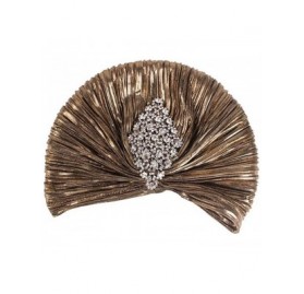 Skullies & Beanies Women's Rhinestones Ruffle Turban Hat Glitter Twist Pleated Hair Wrap Stretch Turban - Brown - C8192KSKOUE...