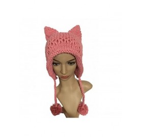 Skullies & Beanies Hot Pink Pussy Cat Beanie for Women's March Knitted Hat with Pom Pom Ear Cap - Pink - CH189K9MEYL $10.88