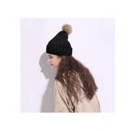 Skullies & Beanies Women Knit Winter Turn up Beanie Hat Faux Fur Pompom Hat for Girls Women - Black - CD18XHKMNKE $8.76
