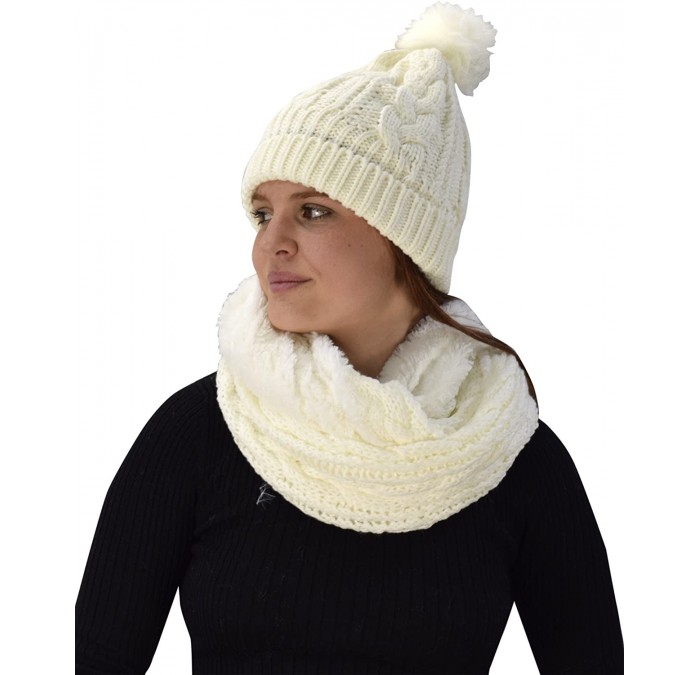 Skullies & Beanies Thick Warm Crochet Beanie Hat & Plush Fur Lined Infinity Loop Scarf Set - Cream - CQ1883WMHOD $38.57