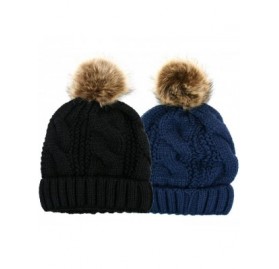 Skullies & Beanies Women's Thick Cable Knit Beanie Hat with Soft Fur Pom Pom - Black & Navy - C1120363KH7 $16.55