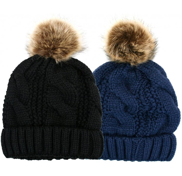 Skullies & Beanies Women's Thick Cable Knit Beanie Hat with Soft Fur Pom Pom - Black & Navy - C1120363KH7 $31.85