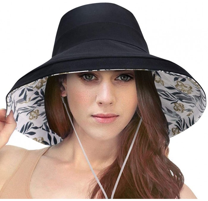 Sun Hats Women's Cotton Summer Beach Sun Hat with Wide Fold-Up Brim - Black/Leaf - CM18RMKXNCW $34.79