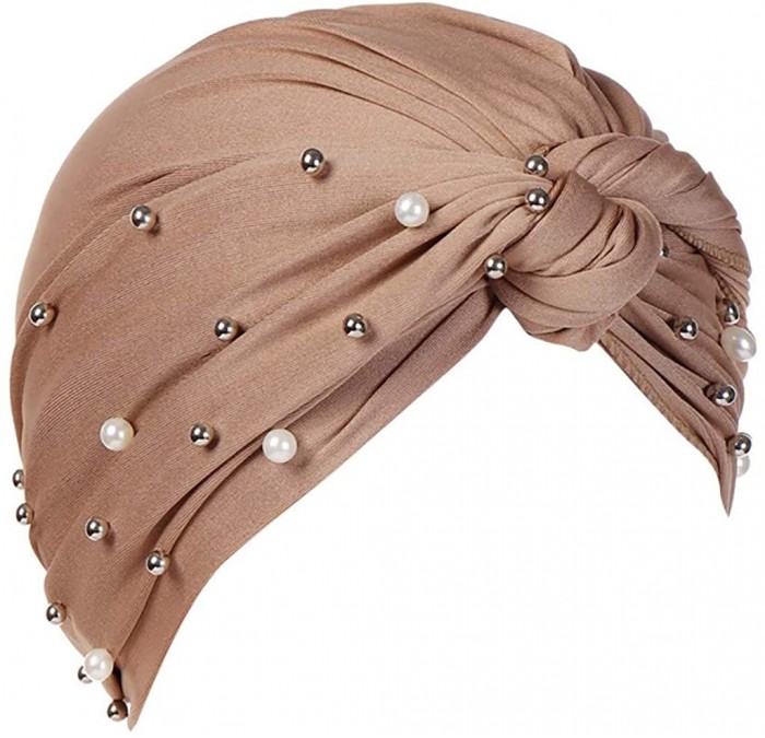 Skullies & Beanies Women Muslim Turban Pearl Hat Bonnet Hijab Headscarf Islamic Chemo Cap - Brown - CE18RZTMQCX $9.93