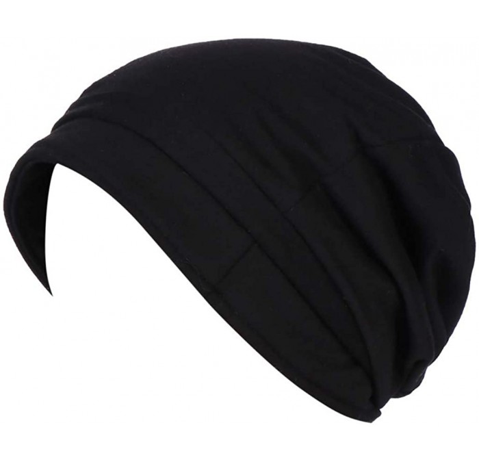 Skullies & Beanies women Cap-Fashion Women Ruched Solid Visor Hat Ruffle Cancer Chemo Beanie Turban Wrap Cap - Black - CG18T4...