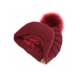 Skullies & Beanies Women's Soft Warm Ribbed Knit Visor Brim Pom Pom Beanie Hat with Plush Lining - Burgundy - C018HE08ZCK $12.51
