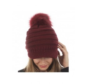 Skullies & Beanies Women's Soft Warm Ribbed Knit Visor Brim Pom Pom Beanie Hat with Plush Lining - Burgundy - C018HE08ZCK $12.51