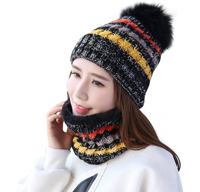 Skullies & Beanies Womens Winter Beanie Hat Scarf Set Warm Fuzzy Knit Hat Neck Scarves - Black - CO18I8G9CT3 $27.71