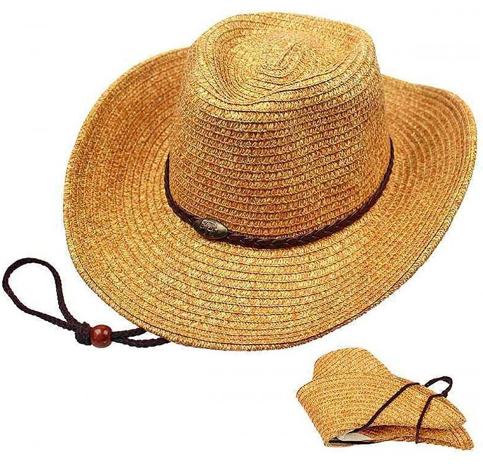 Sun Hats Western Cowboy Folding Wide Brim Straw Hat Sun Hat Beach Cap Panama Hats - Natural - C218EL82TOL $38.68