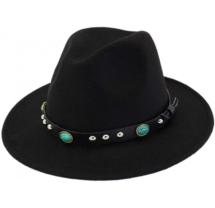 Fedoras Adult Wool Panama Hats Wide Brim Jazz Fedora Caps Turquoise Leather Band - Black - CL18H9X2K2L $14.84