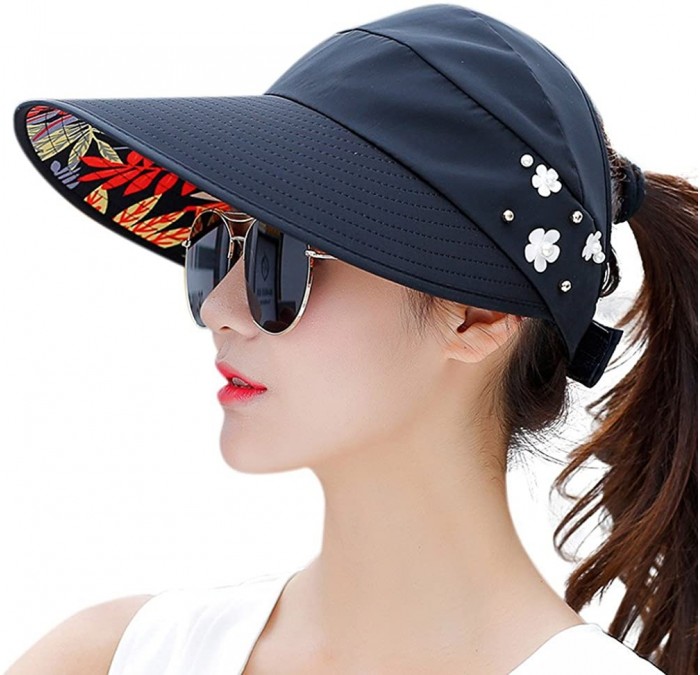 Berets Sun Hats for Women Wide Brim Sun Hat UV Protection Caps Floppy Beach Packable Visor - Black - CX18CGUZX6E $25.56