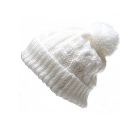 Skullies & Beanies Women's Thick Oversized Cable Knitted Fleece Lined Pom Pom Beanie Hat with Hair Tie. - White - CZ12JOJOTNX...