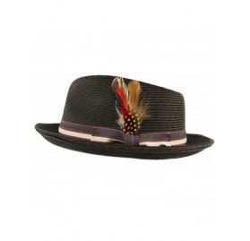 Fedoras Men's Stripe Band Removable Feather Derby Fedora Curled Brim Hat - Black - CH17YQNK20A $18.81