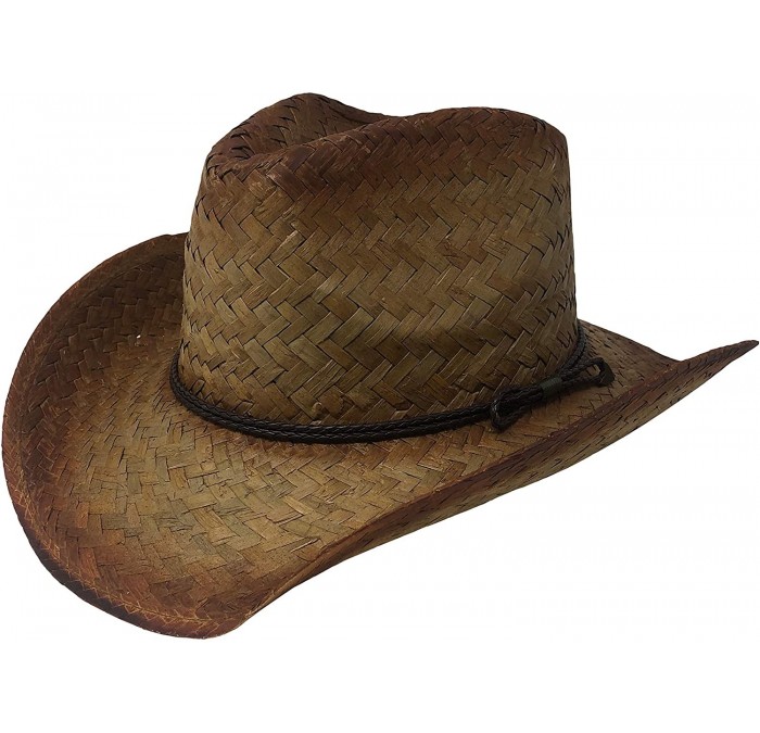 Cowboy Hats Pinch Front Natural Western Tea Stained Straw Cowboy Hat with Braided Band- Large/X-Large - CM18UCWEE3H $17.29