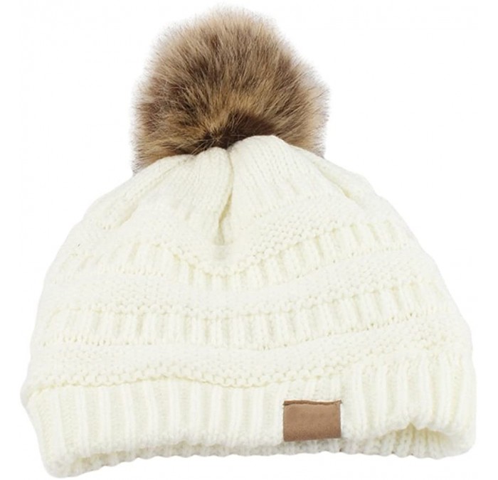Skullies & Beanies Fashion Women Faux Fur Pom Pom Beanie Cap Winter Outdoor Warm Woolen Yard Hat - White - C5187LYZ6U9 $17.30