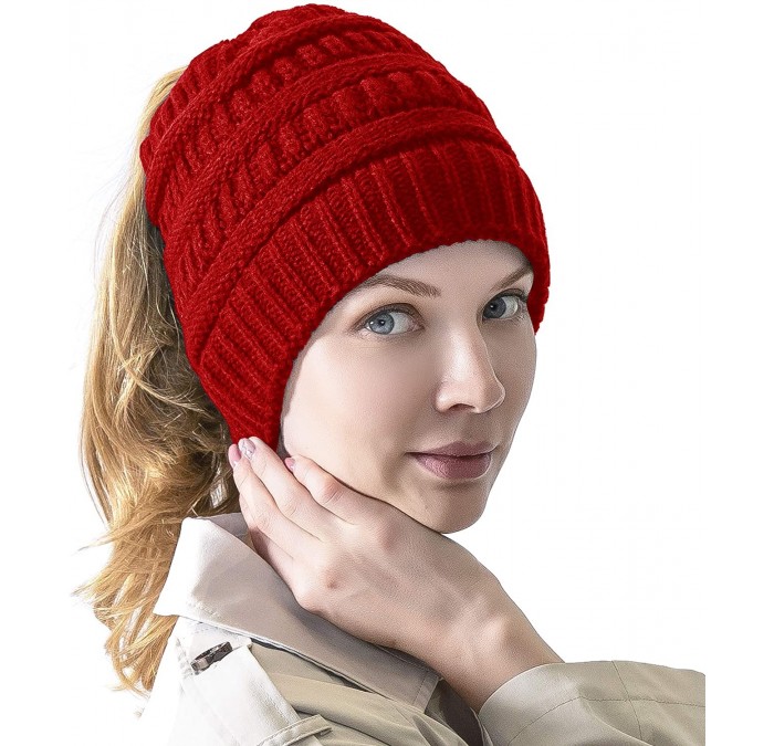 Skullies & Beanies Women's Knitted Messy Bun Hat Ponytail Beanie Baggy Chunky Stretch Slouchy Winter - Red - CC18YTG3XNK $9.45